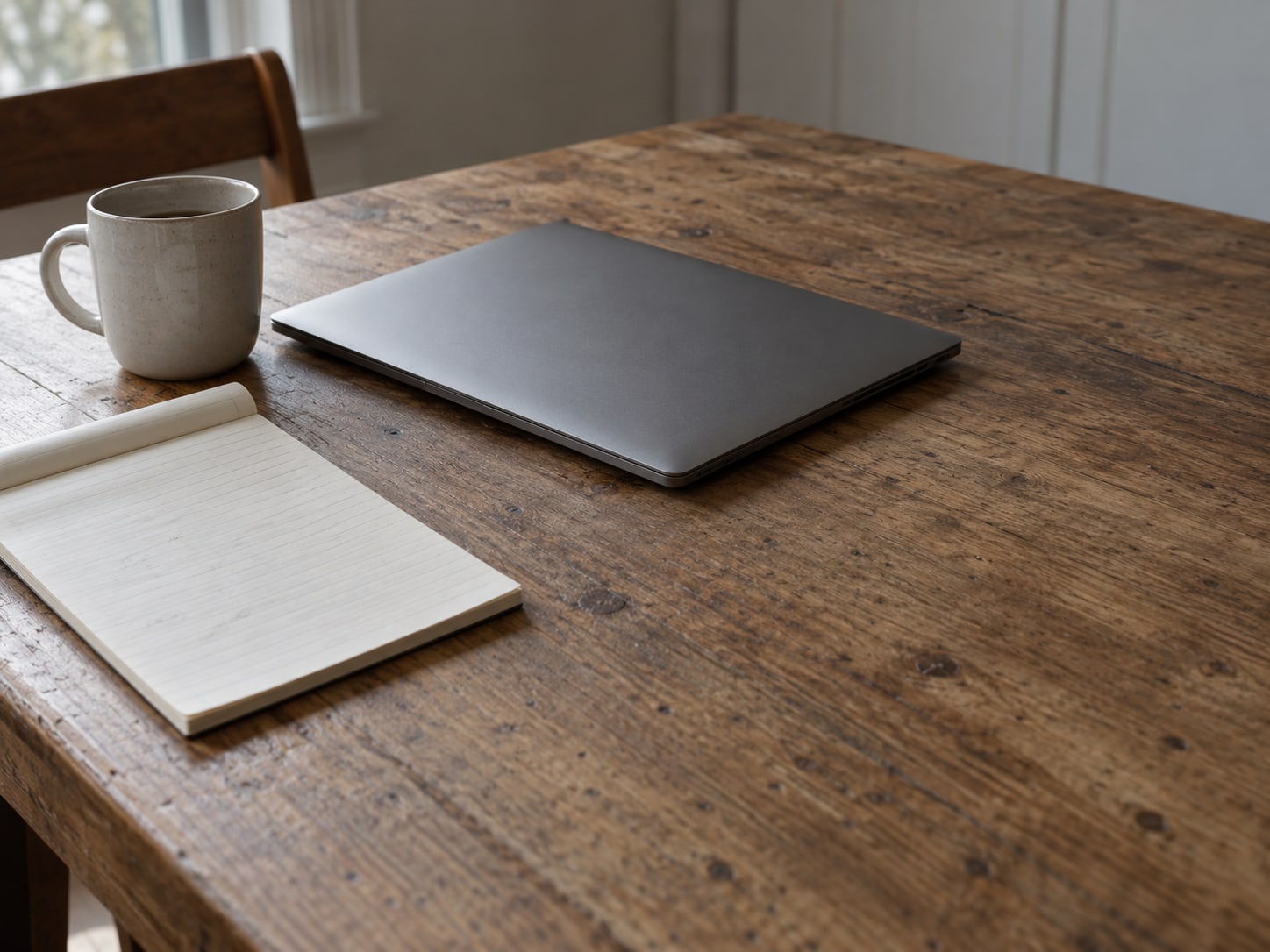 A closed laptop beside a lined notepad holding faint pencil marks and a mug on a kitchen table.