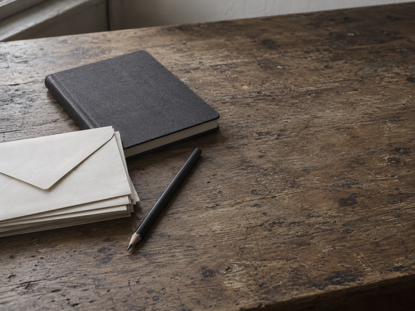 A small stack of unopened envelopes beside a closed notebook and a pencil on a worn wooden desk.