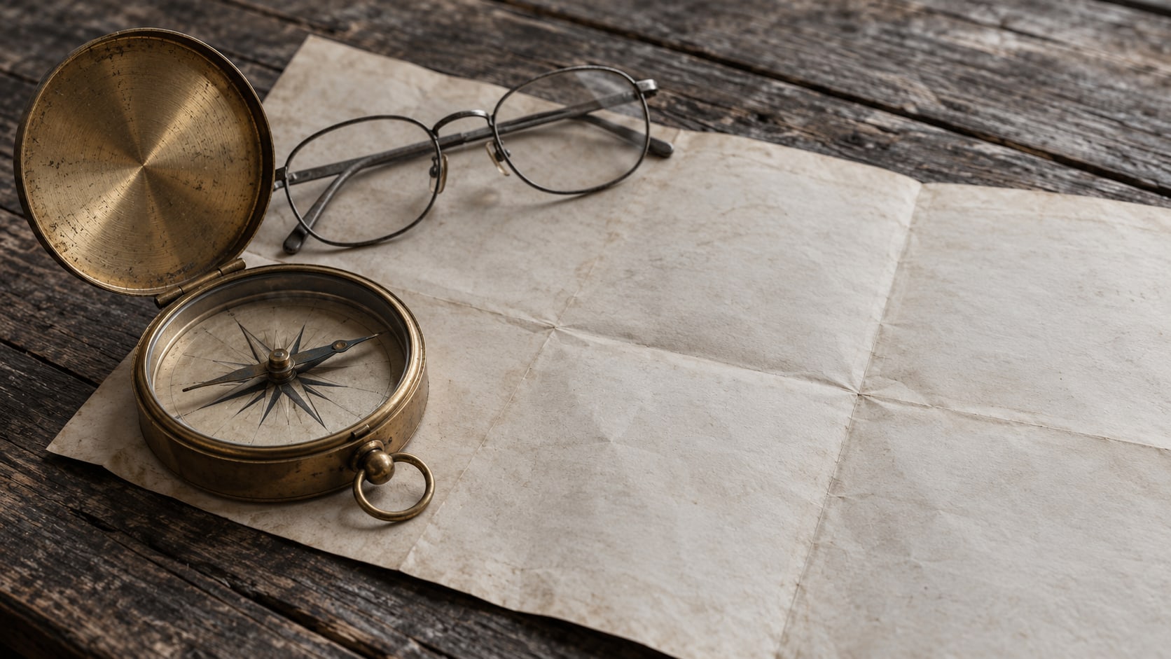 A brass compass resting on a folded paper map beside a pair of reading glasses on a wooden table.