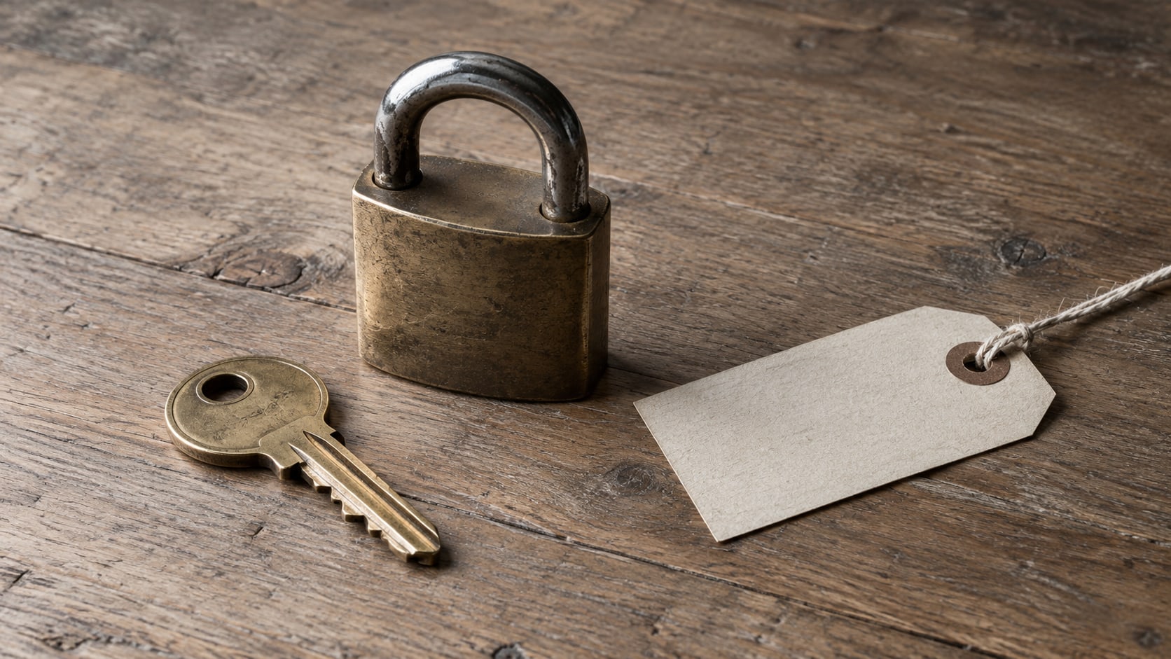 A brass key and a closed padlock on a plain wooden desk beside a blank paper tag.