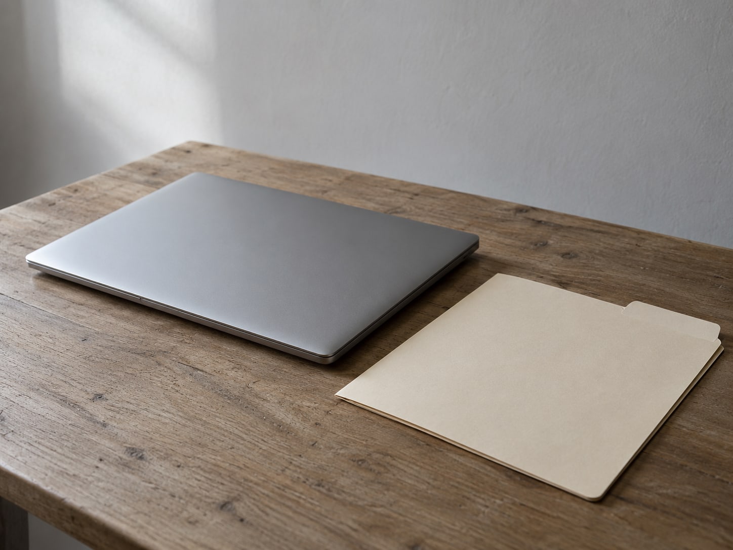 A closed laptop on a desk beside a plain manila folder with a blank tab.