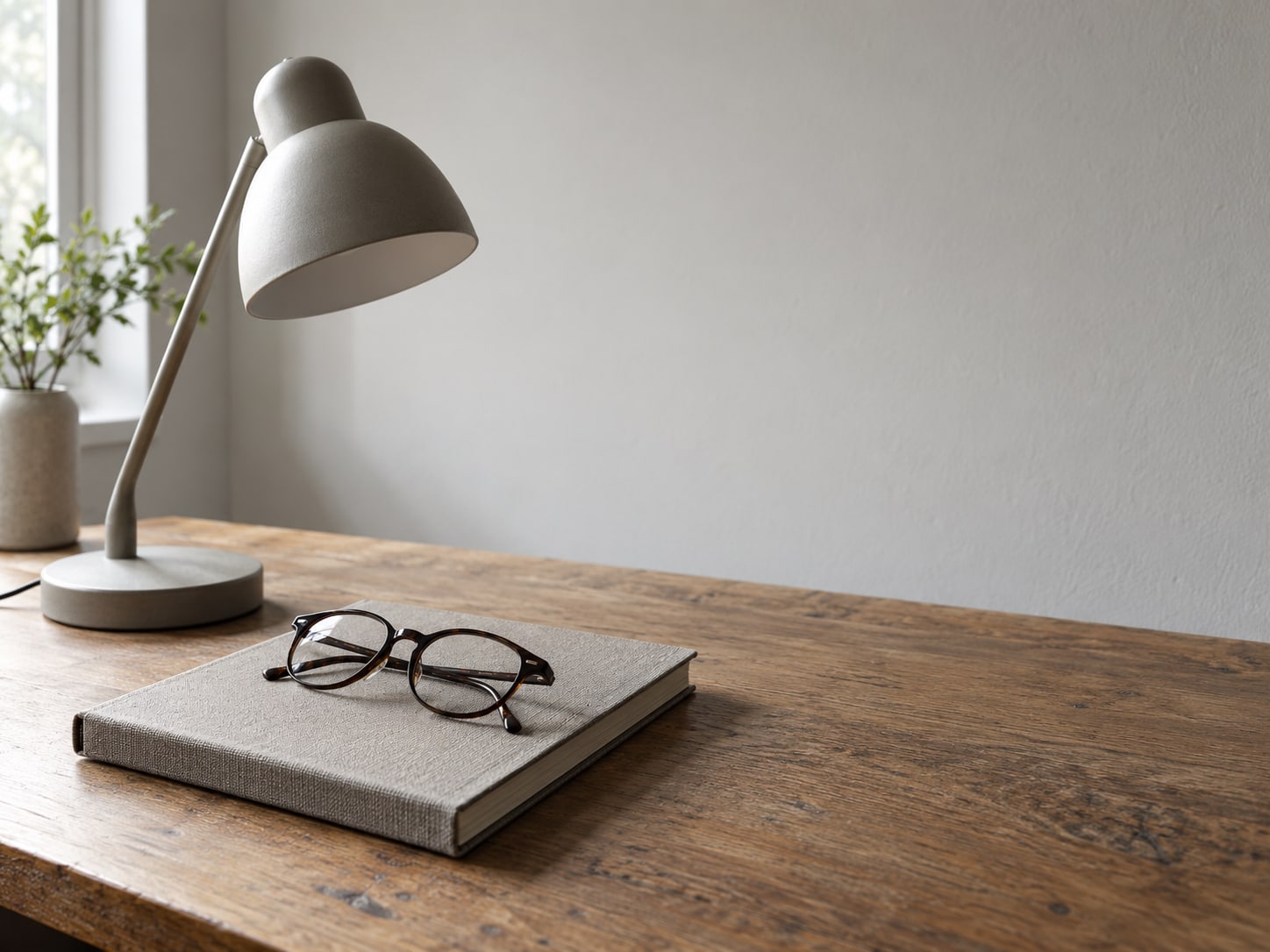 A pair of reading glasses resting on a closed notebook beside a small desk lamp on a wooden desk.