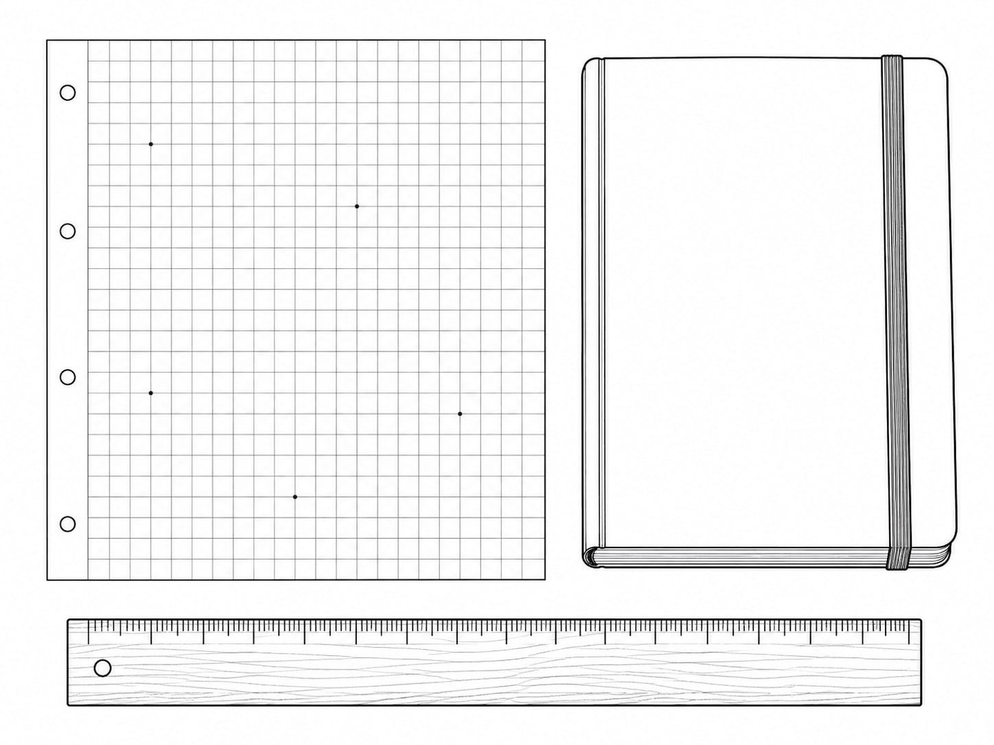 A sheet of graph paper with a grid ruled in pencil and a few pencil dots, lying beside a closed notebook and a wooden ruler.