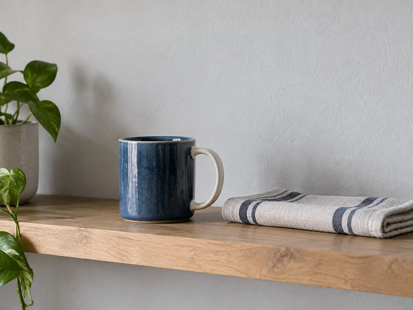A blue ceramic coffee mug with a white handle on a plain wooden shelf next to a folded dish towel.