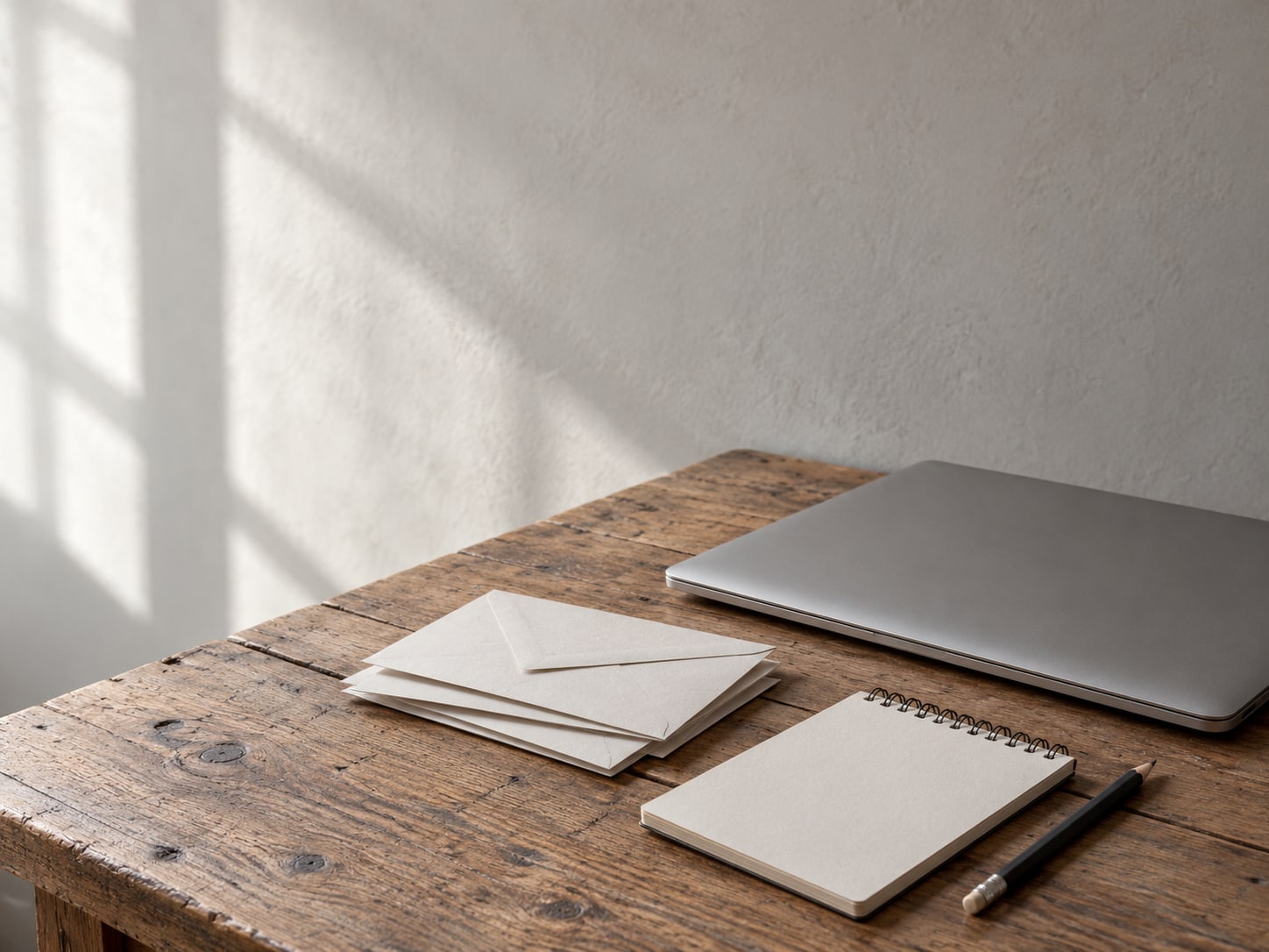 A closed laptop beside a small stack of unopened envelopes on a worn wooden desk, with a pencil and a blank notepad.
