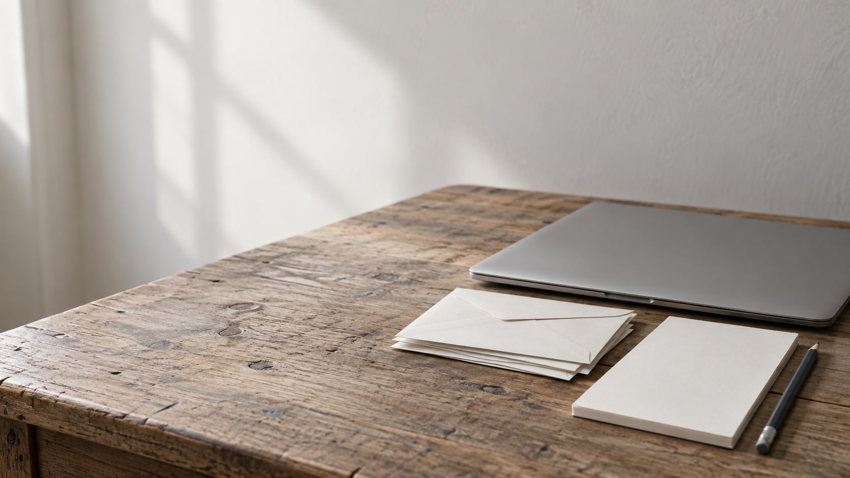 A closed laptop and a small stack of unopened envelopes on a worn wooden desk beside a blank notepad and a pencil.