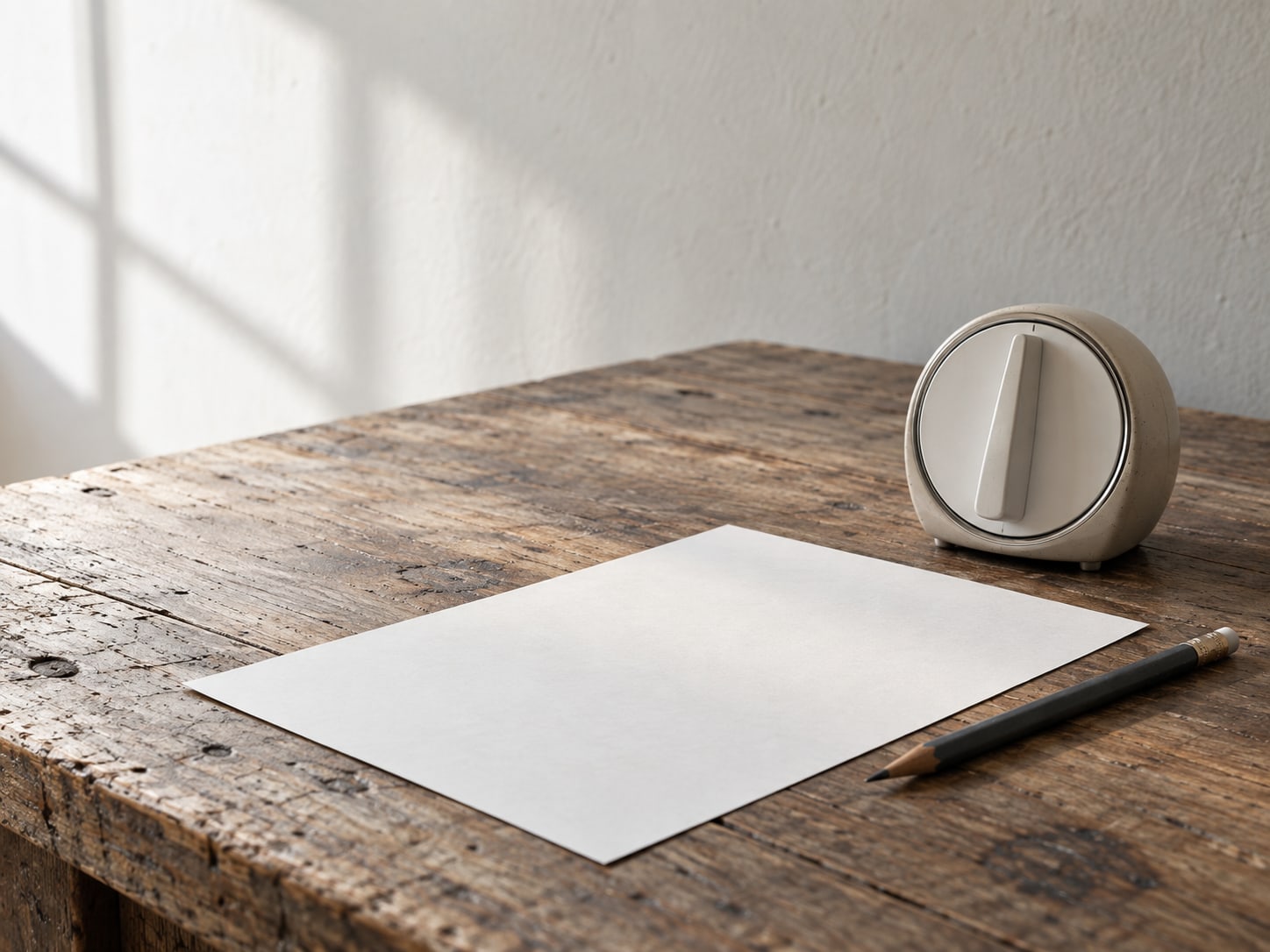 A single clean sheet of paper and a pencil beside a small kitchen timer on a wooden desk.