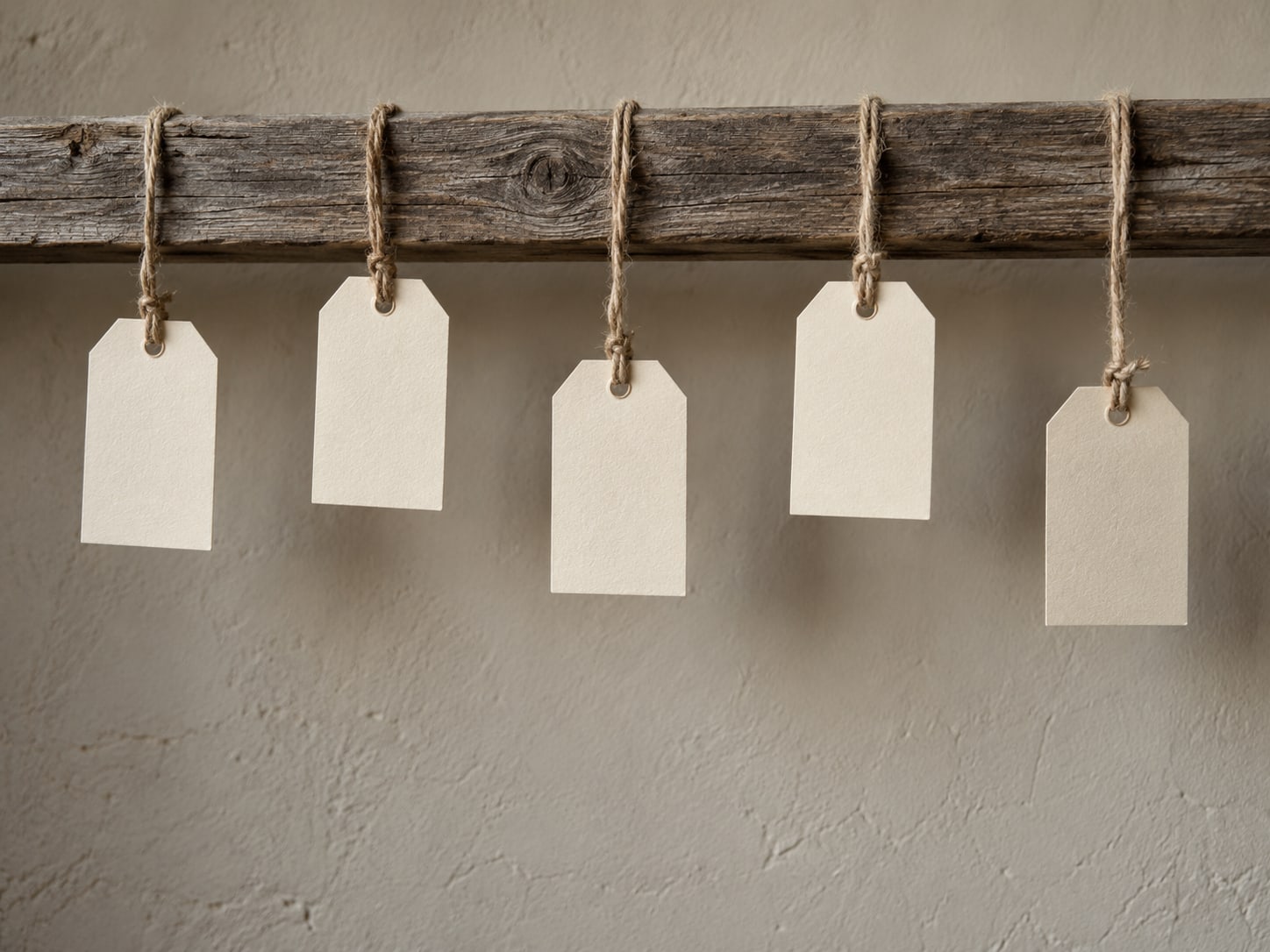A row of blank paper tags tied to a wooden rail, each hanging at a slightly different height.