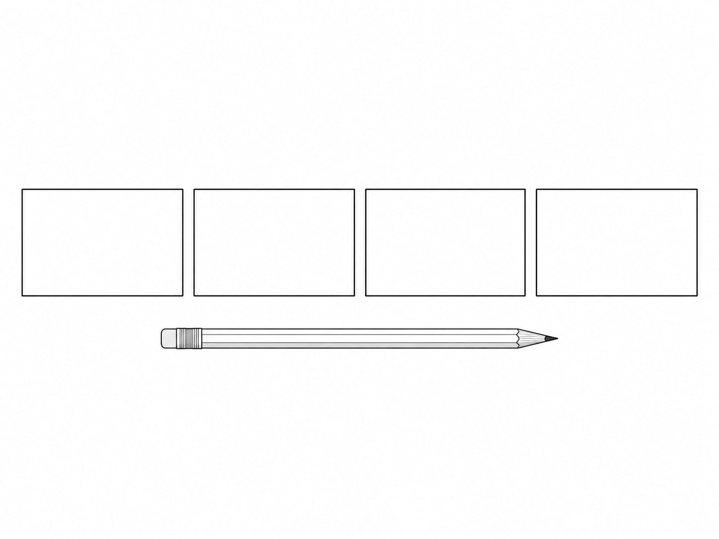Four blank index cards laid in a straight row on a table, with a pencil beside them.