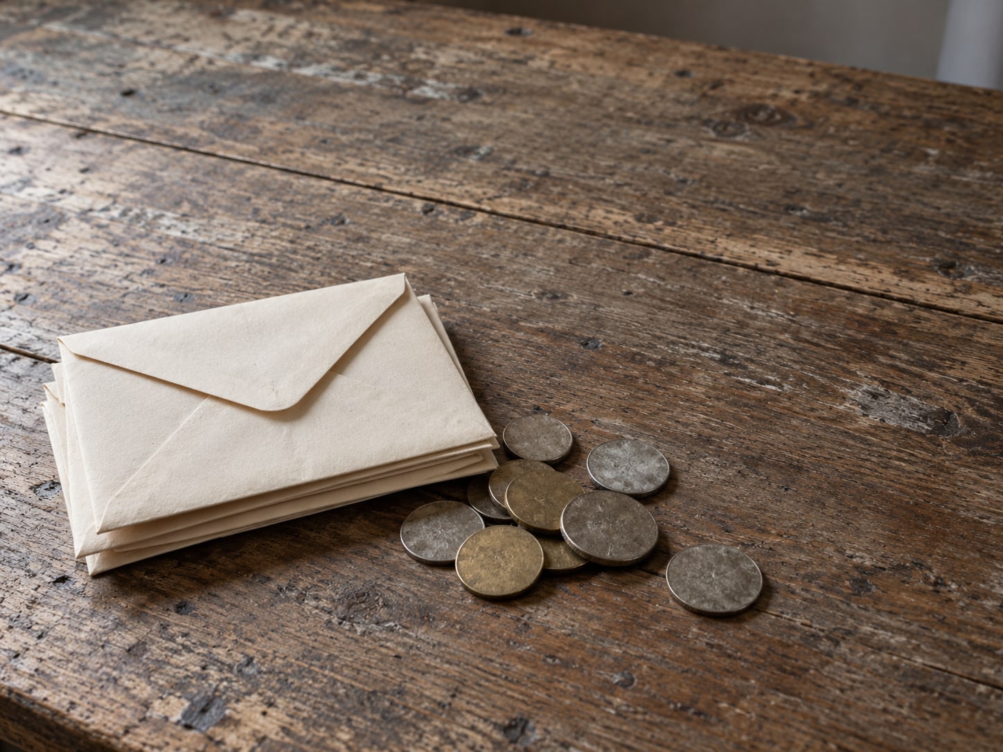 A small stack of sealed blank envelopes next to a loose handful of coins on a wooden table.