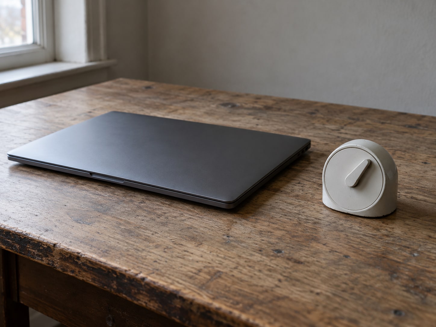 A closed laptop on a worn desk beside a plain kitchen timer set to a short interval.