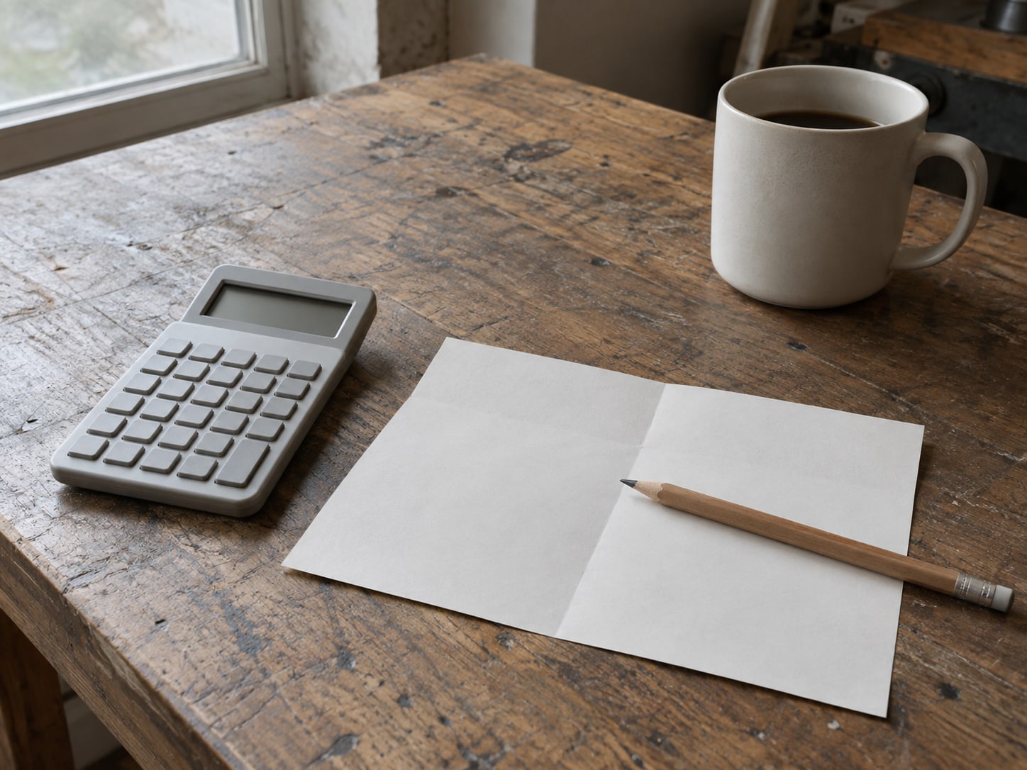 Una calculadora y un estado de cuenta doblado junto a una taza de café sobre una mesa de trabajo de madera desgastada, con un lápiz recostado sobre el papel.