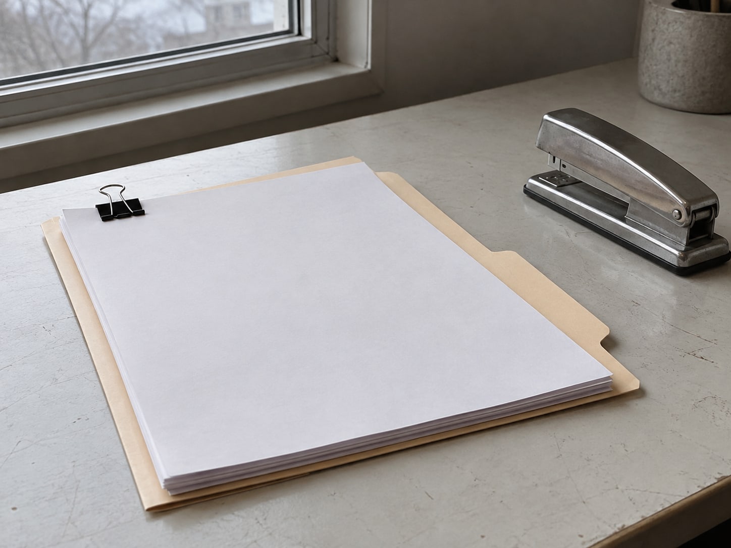 Una carpeta de manila con una pila ordenada de hojas impresas en blanco, sujetas con un clip junto a una engrapadora sobre un escritorio de oficina sencillo.