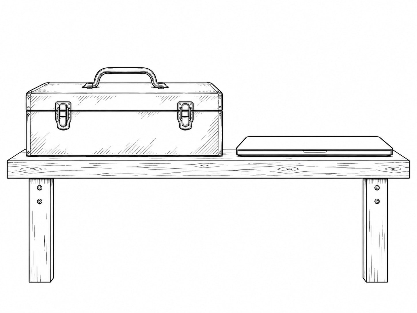 Una caja de herramientas cerrada y una laptop cerrada, una junto a la otra sobre un banco de taller de madera bajo una luz suave de atardecer.