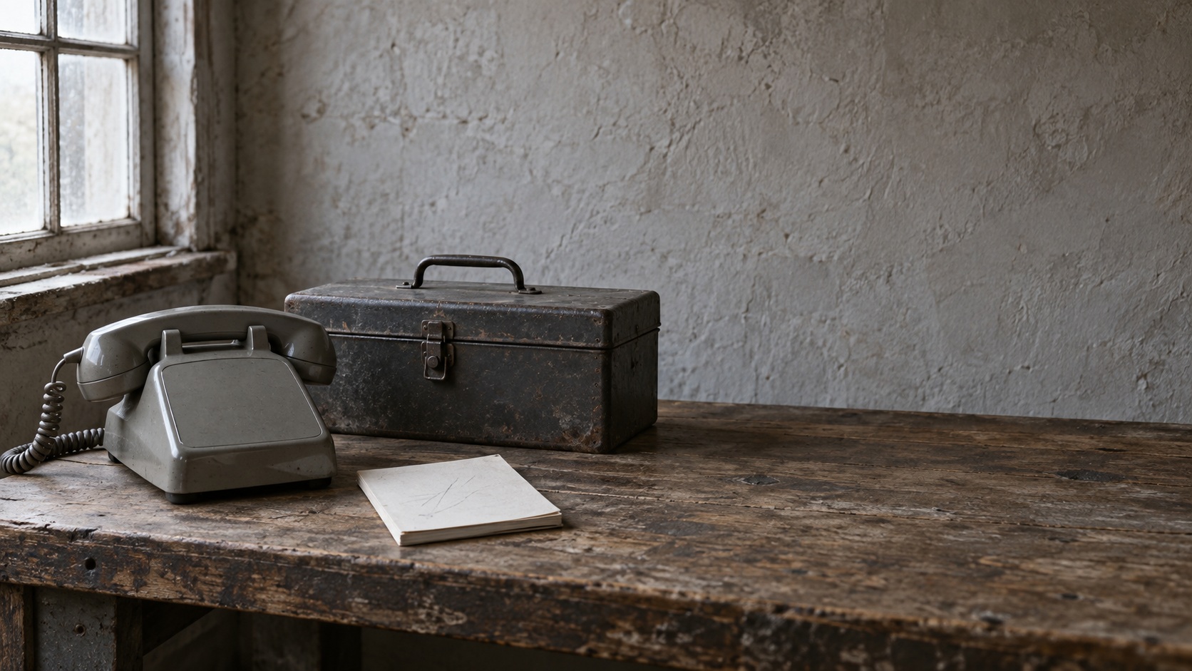 A landline phone on a workbench beside a closed toolbox and a notepad with faint pencil ticks.