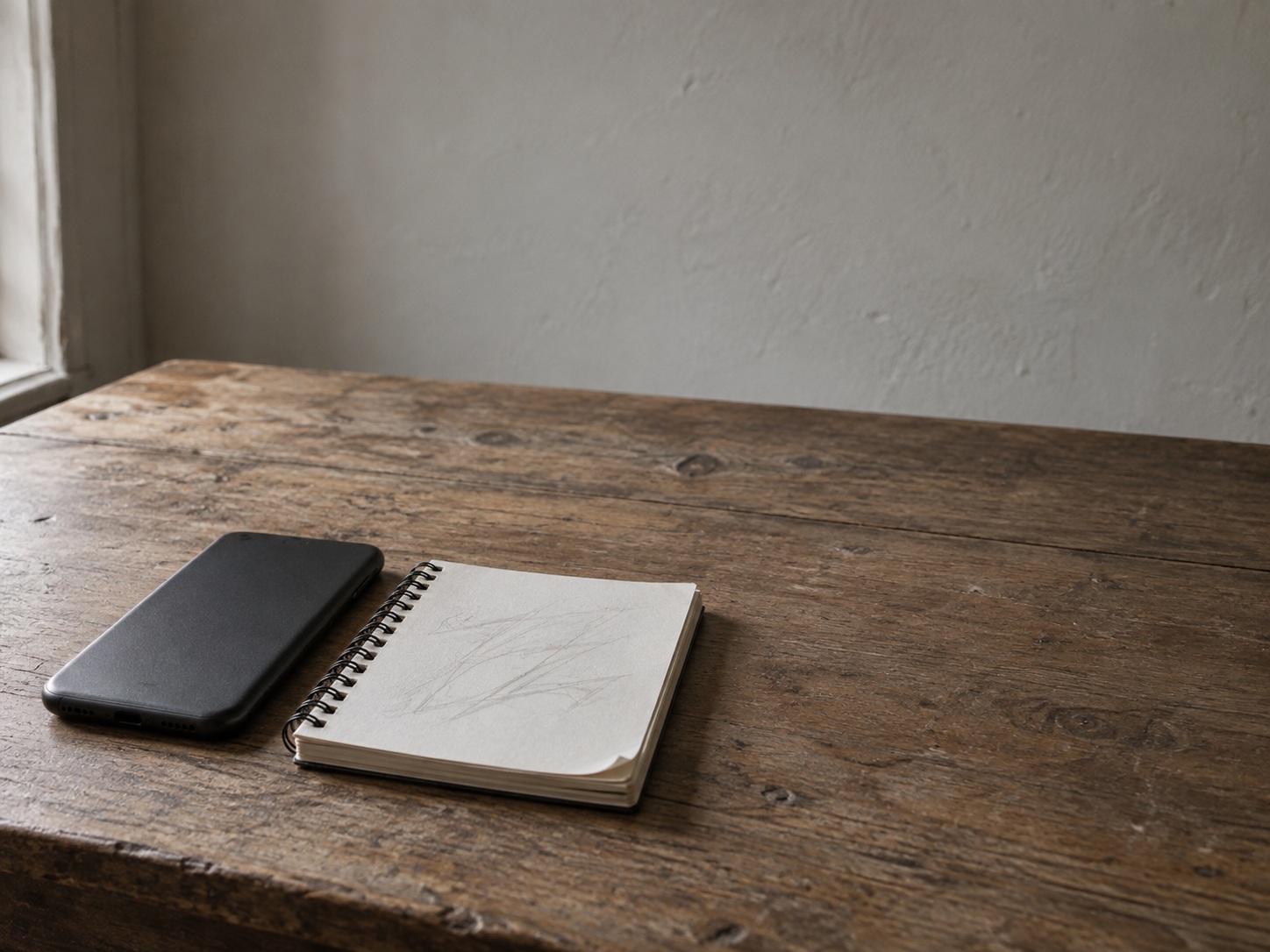 A face-down smartphone beside a small spiral notebook filled with faint, unreadable pencil marks on a kitchen table.