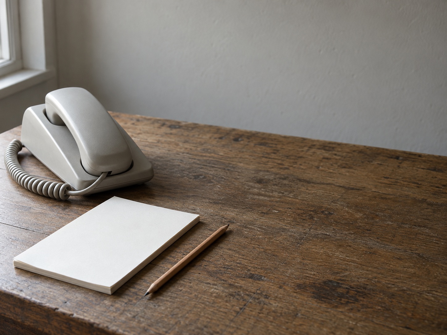 A desk phone with its handset resting in the cradle beside a blank notepad and a sharpened pencil on a wooden counter.