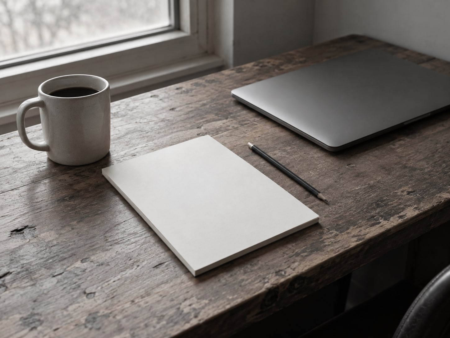 A pencil, a blank notepad and a closed laptop lined up on a wooden desk beside a coffee mug.