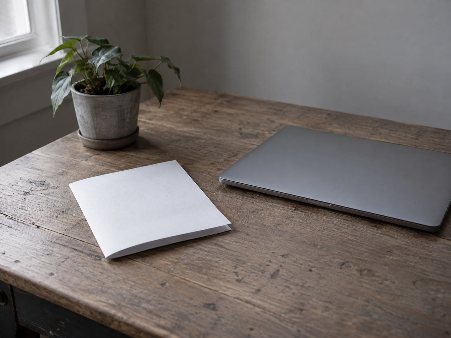 A folded paper document and a closed laptop resting on a bare desk beside a small potted plant.