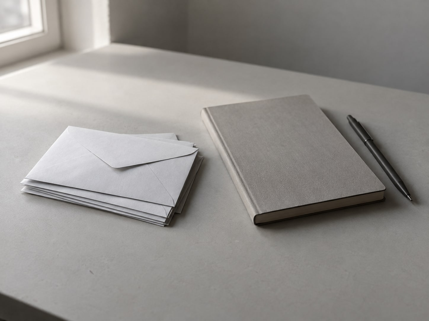 A stack of unopened envelopes beside a closed notebook and a pen on a clean desk surface.