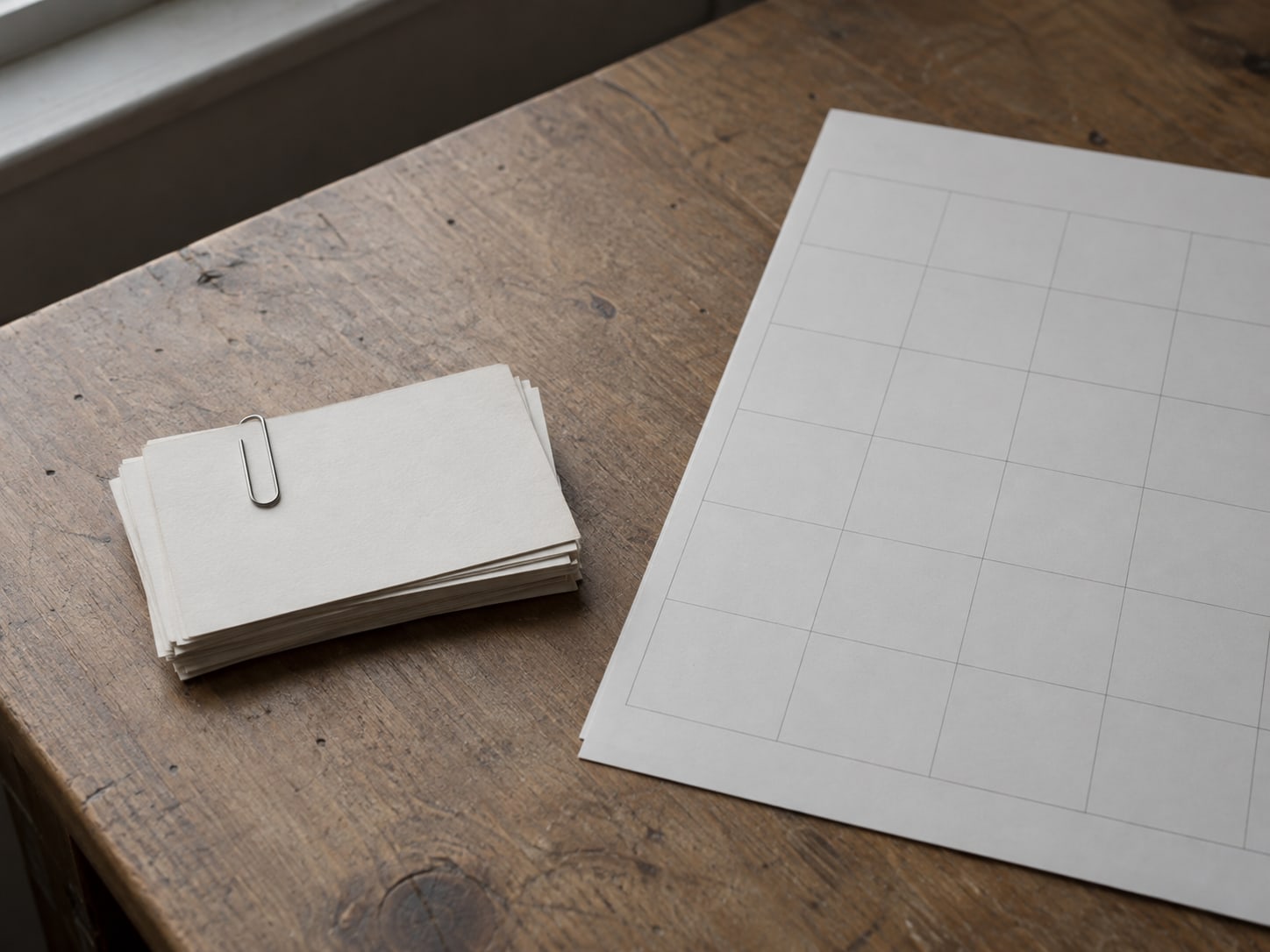 A small stack of index cards held together with a plain paper clip beside a blank calendar page.