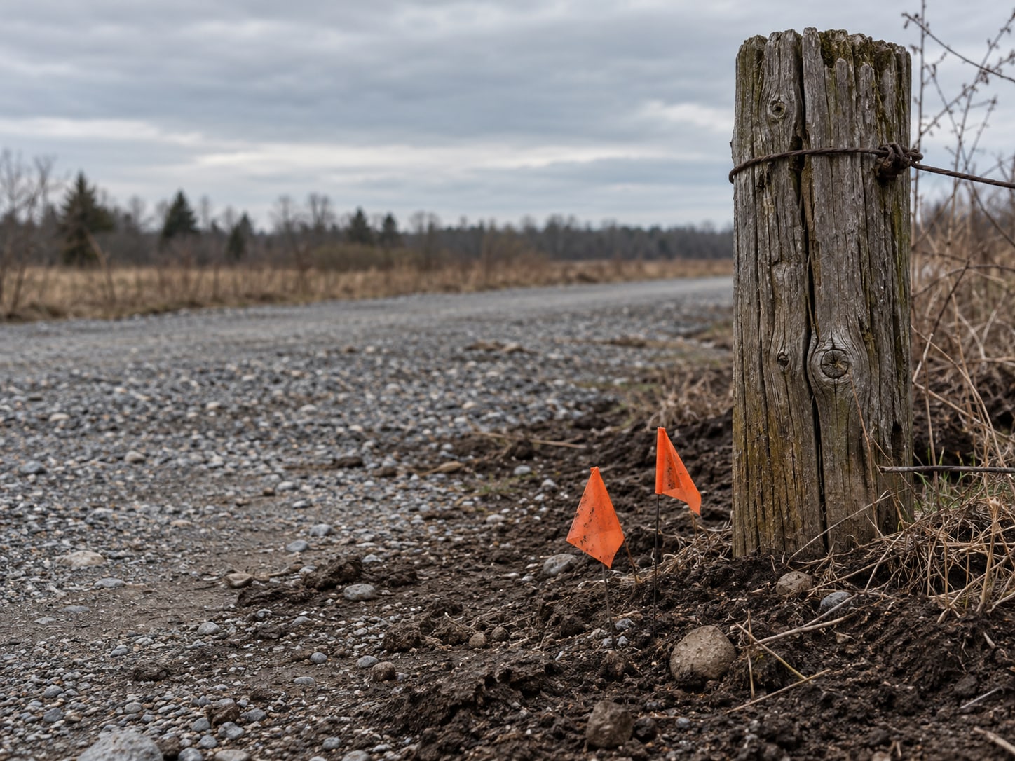 A wooden fence post with two small orange flags pushed into bare soil beside a gravel path.