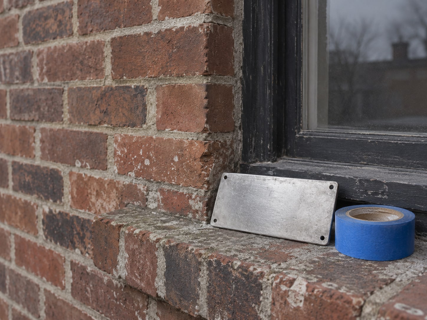 A plain metal address plate with no markings beside a roll of blue painter's tape on a brick windowsill.