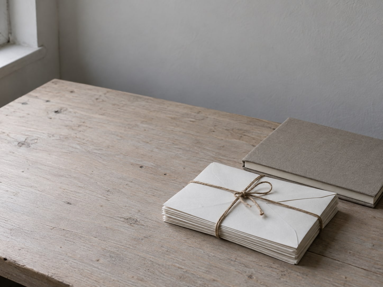 A neat stack of blank envelopes tied with twine beside a closed notebook on a desk.
