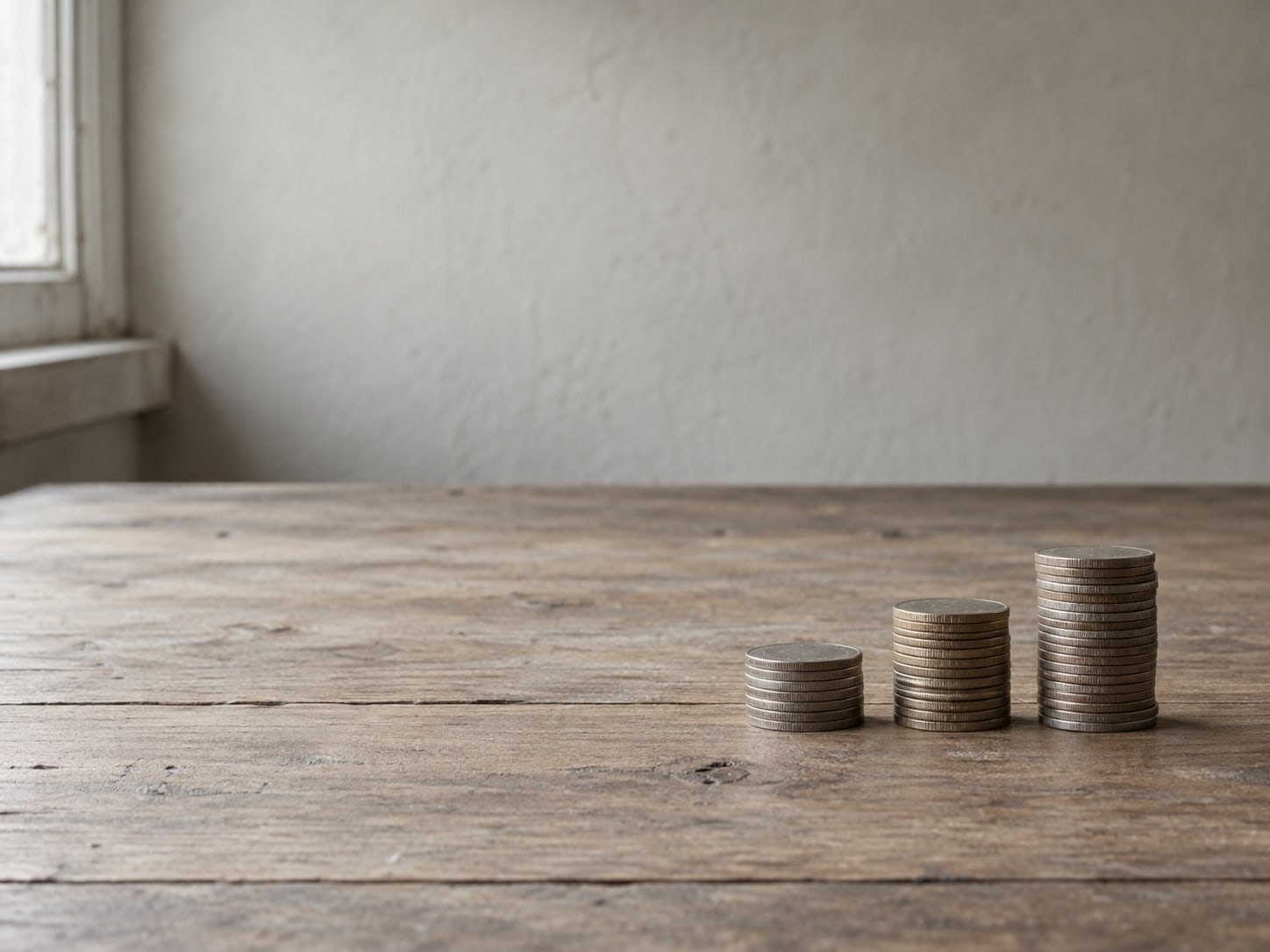 Three short stacks of coins of rising height on a plain wooden table.