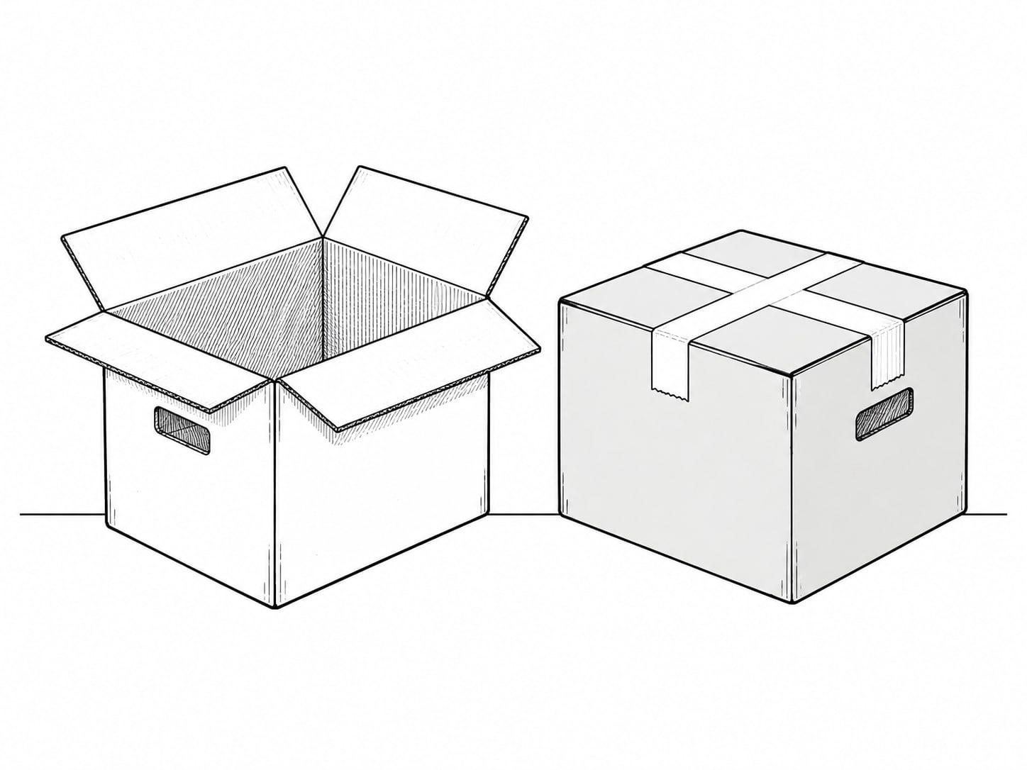 Two cardboard file boxes side by side on a concrete floor, one open and empty, the other closed and taped.