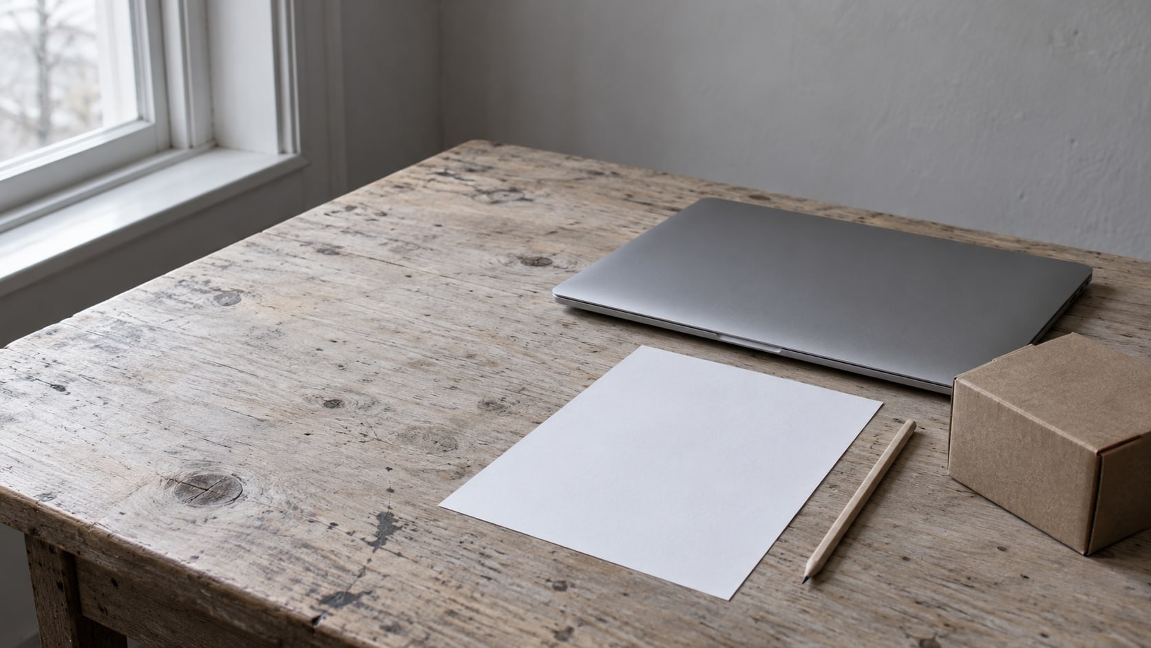 A closed laptop, a blank paper checklist with a pencil and a small kraft shipping box arranged on a wooden desk in soft daylight.
