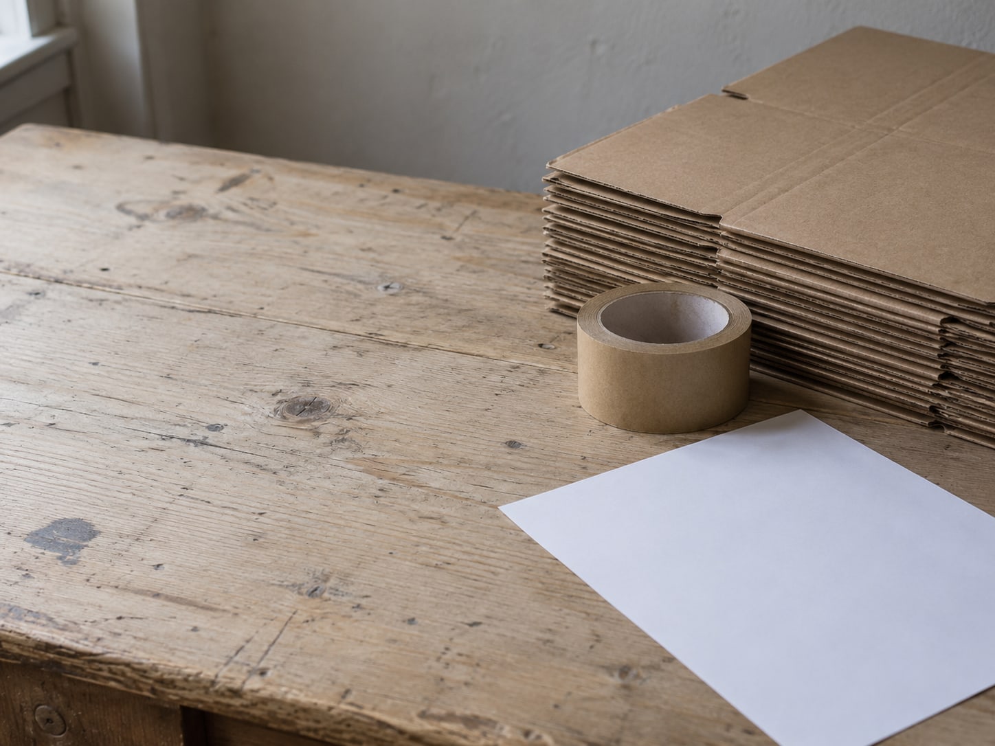 Una mesa de empaque con una pila de cajas de cartón plegadas, un rollo de cinta kraft y una hoja de etiquetas de envío en blanco.