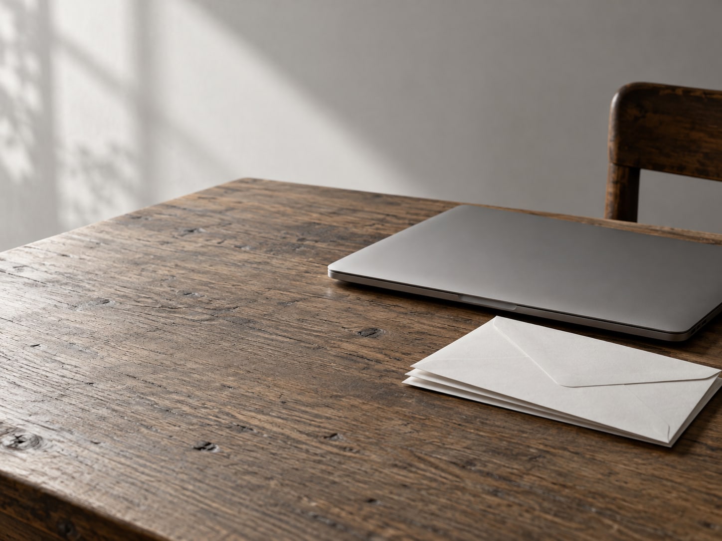 A closed laptop beside a small stack of unopened envelopes on a worn wooden desk.
