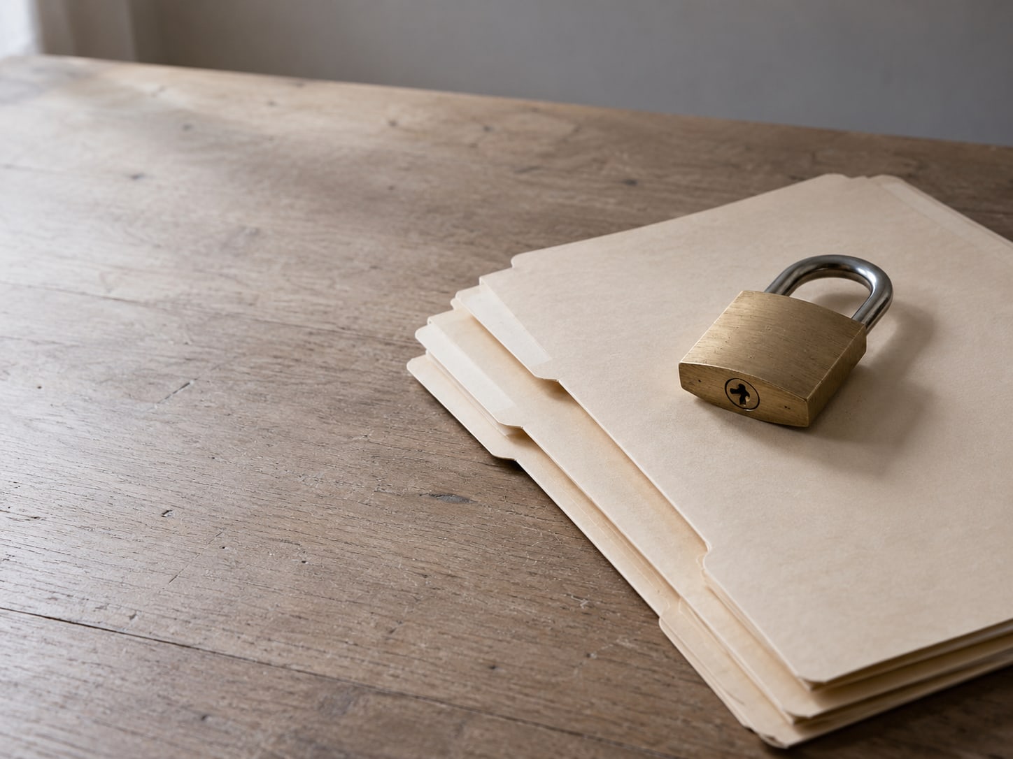 A small stack of three empty folders with a closed padlock lying on top, on a plain desk.