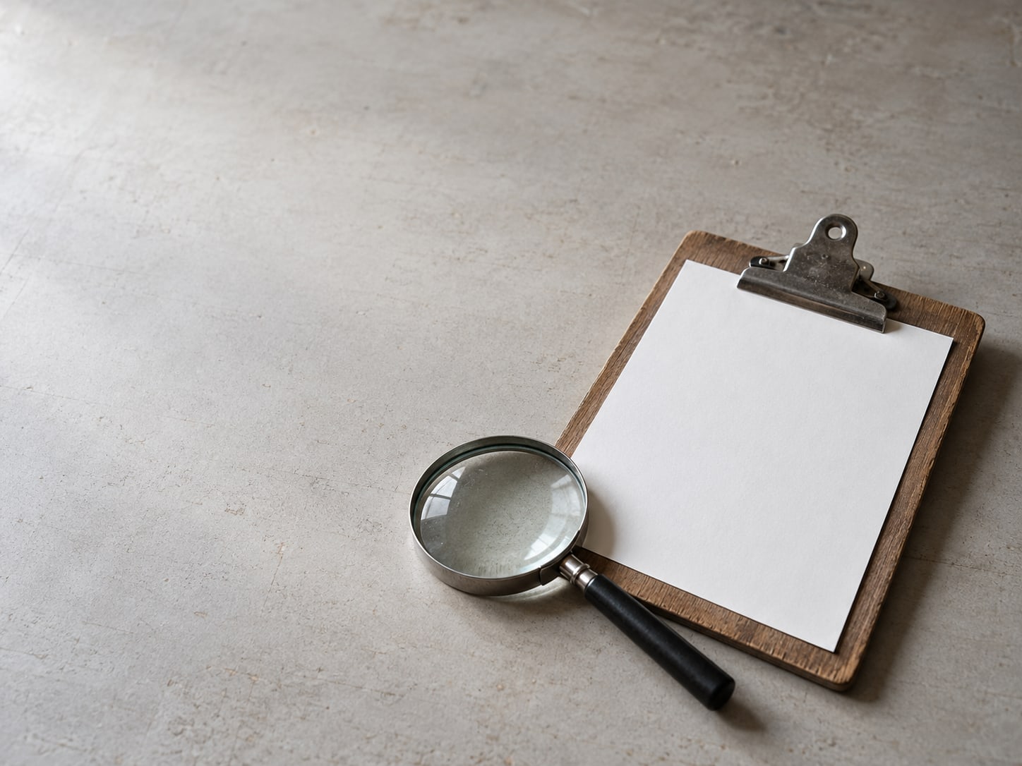 A single sheet of blank paper clipped to a wooden board beside a magnifying glass on a plain table.