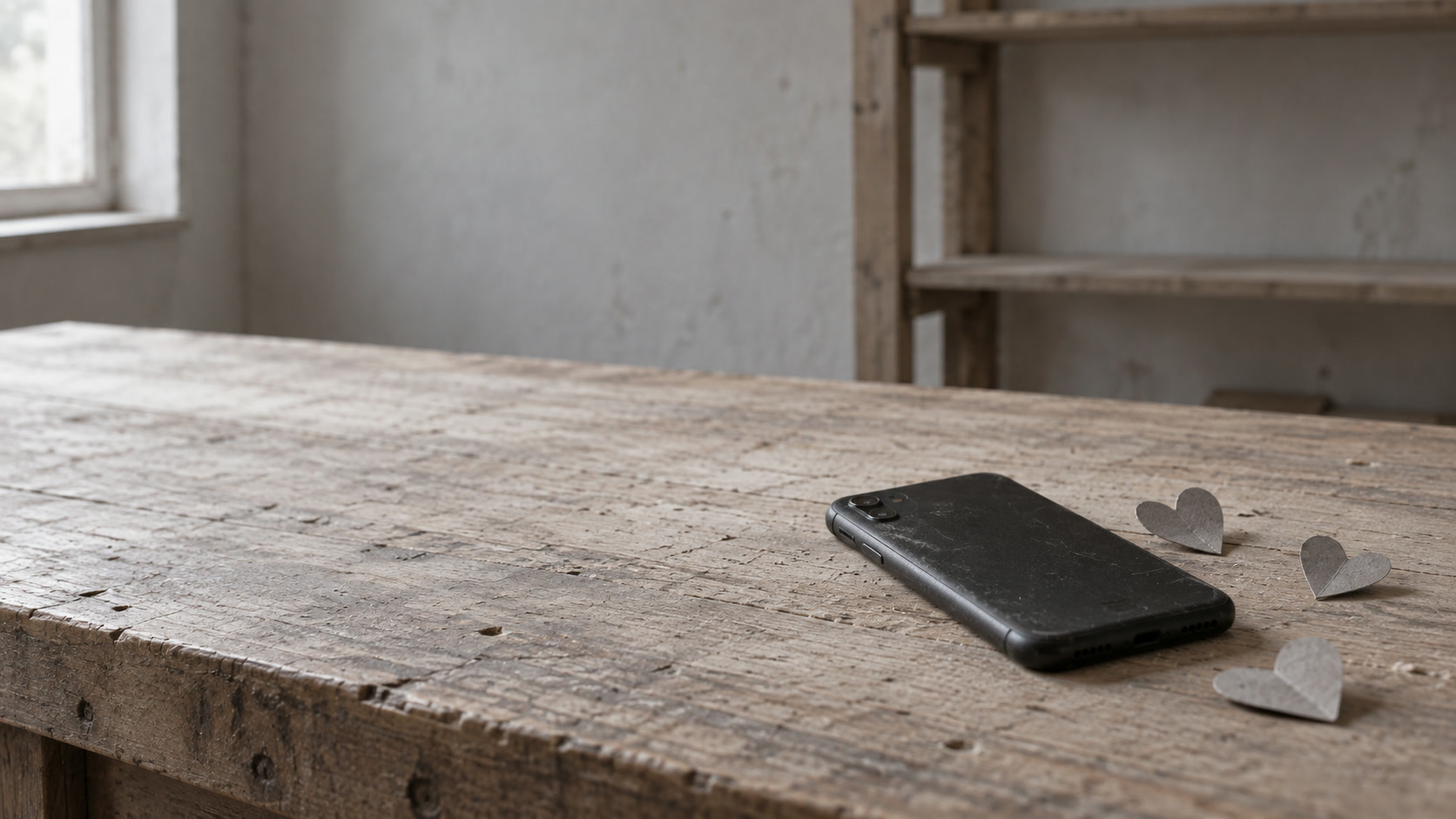 A phone lying face down on a wooden table beside three small paper hearts.