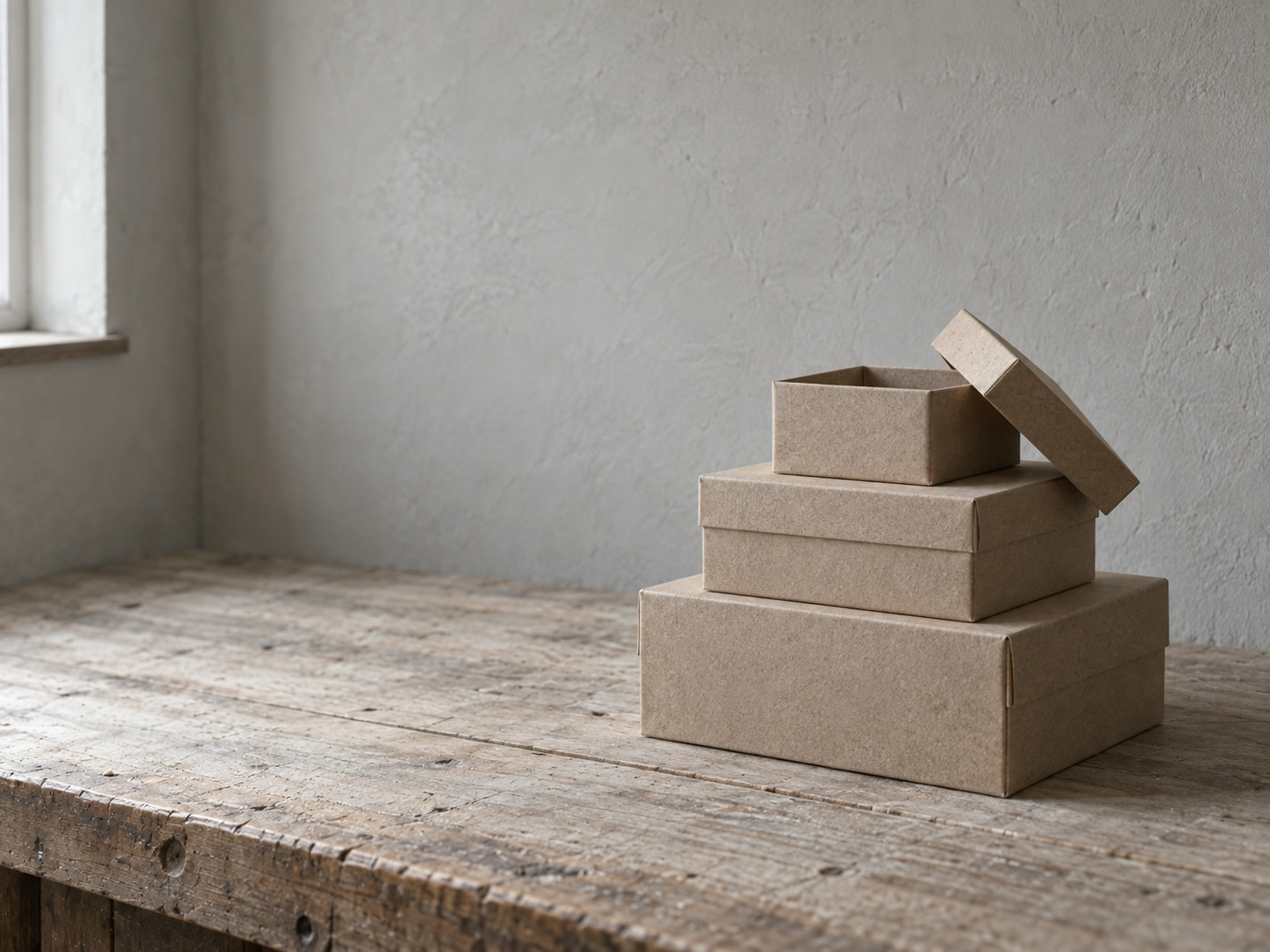 Three nested boxes on a desk, the smallest one open.