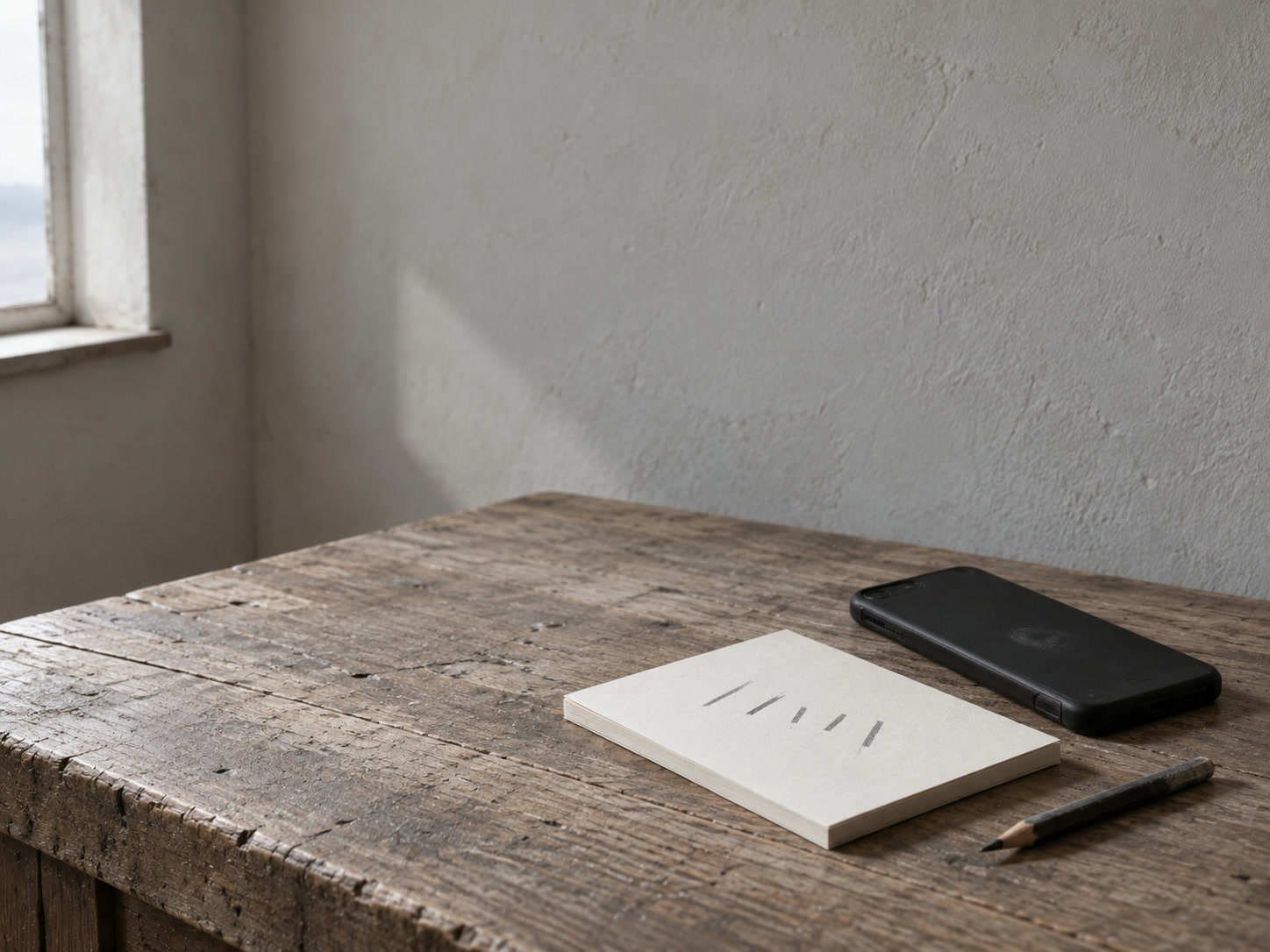 A phone lying face down beside a pad with five short pencil marks and a pencil on a wooden desk.