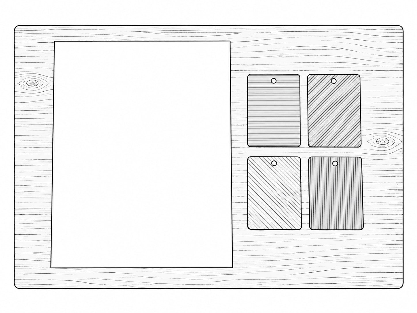 A single blank sheet of paper beside a few unlabeled paint color swatch cards on a pale wooden table.