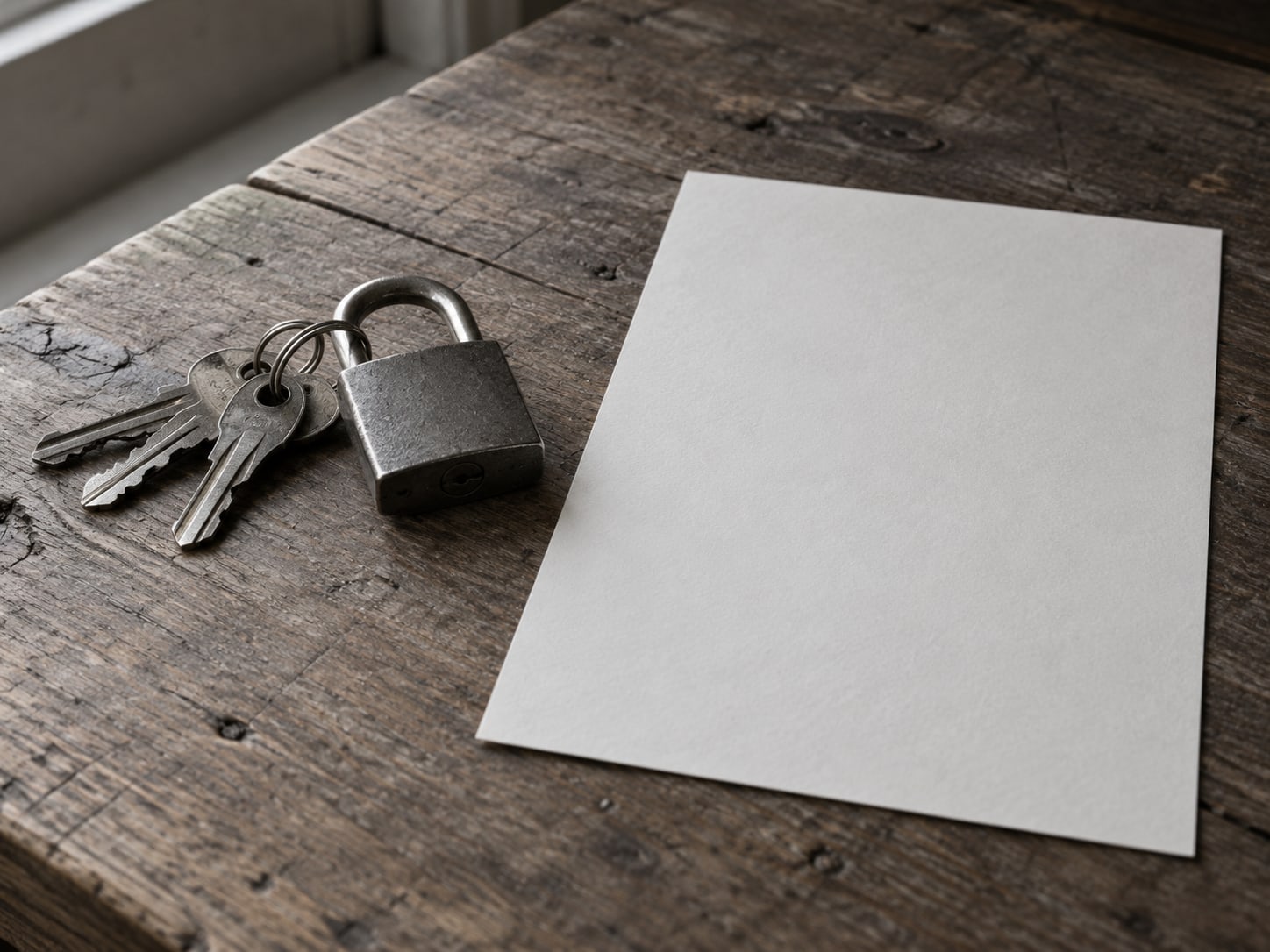 A small padlock resting on a ring of keys next to a blank paper checklist on a desk.