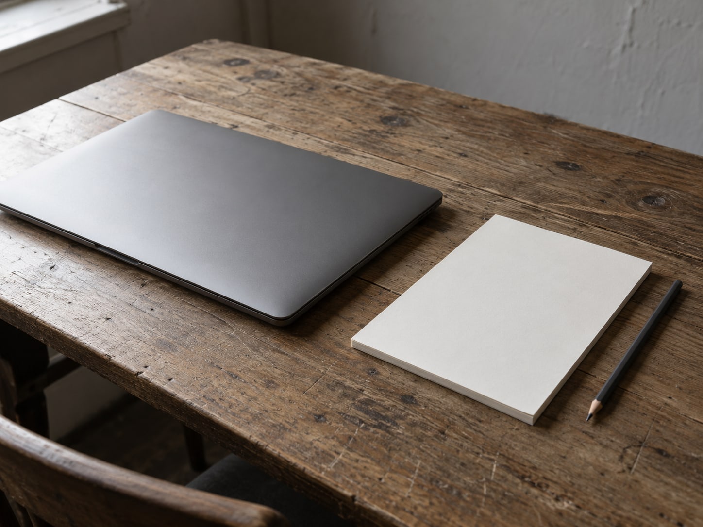 A closed laptop beside a blank notepad and a pencil on a plain wooden desk.
