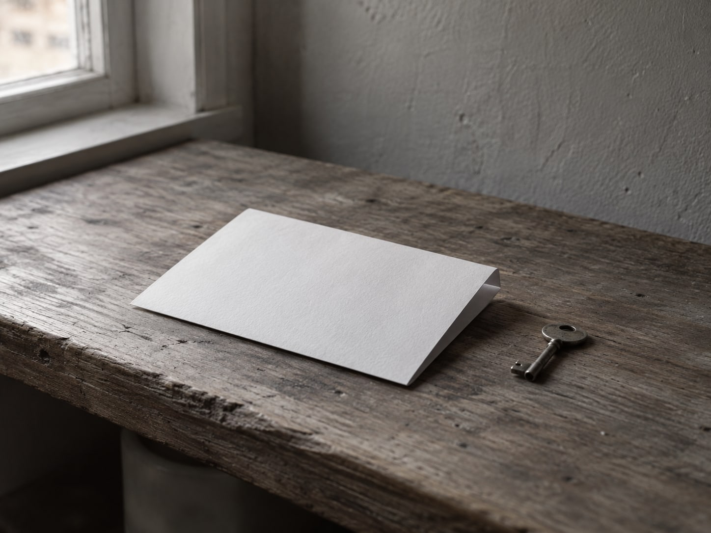 A folded blank form and a small metal key lying on a wooden shelf.