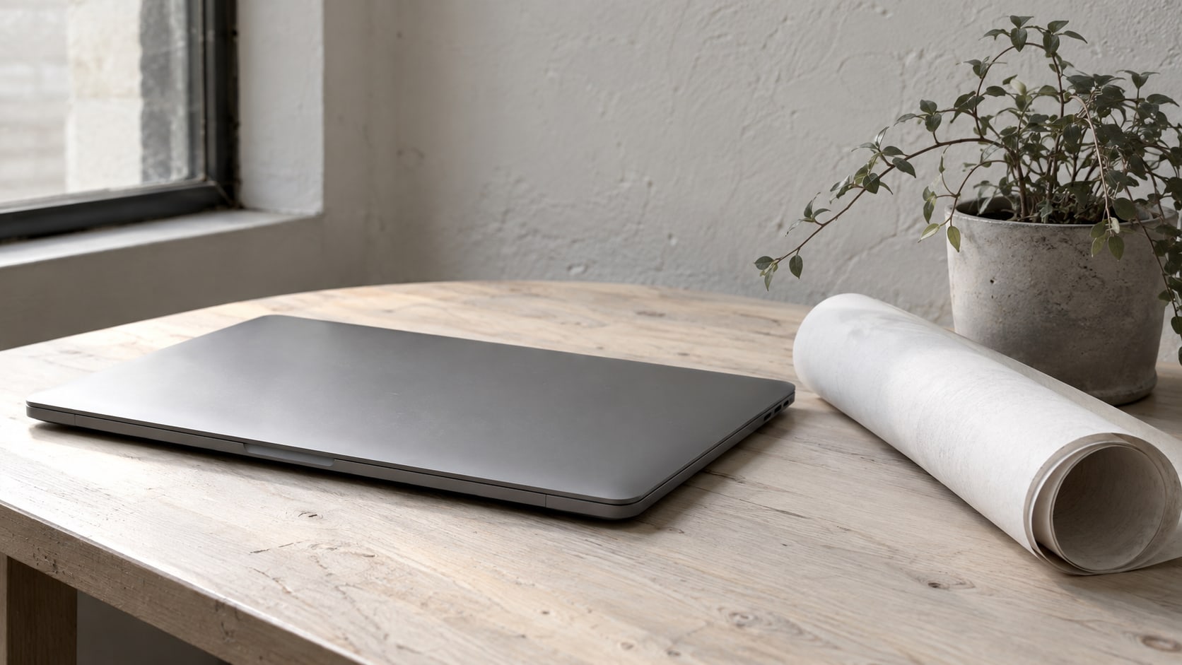 A closed laptop and a rolled sheet of paper beside a small potted plant on a pale wooden desk.