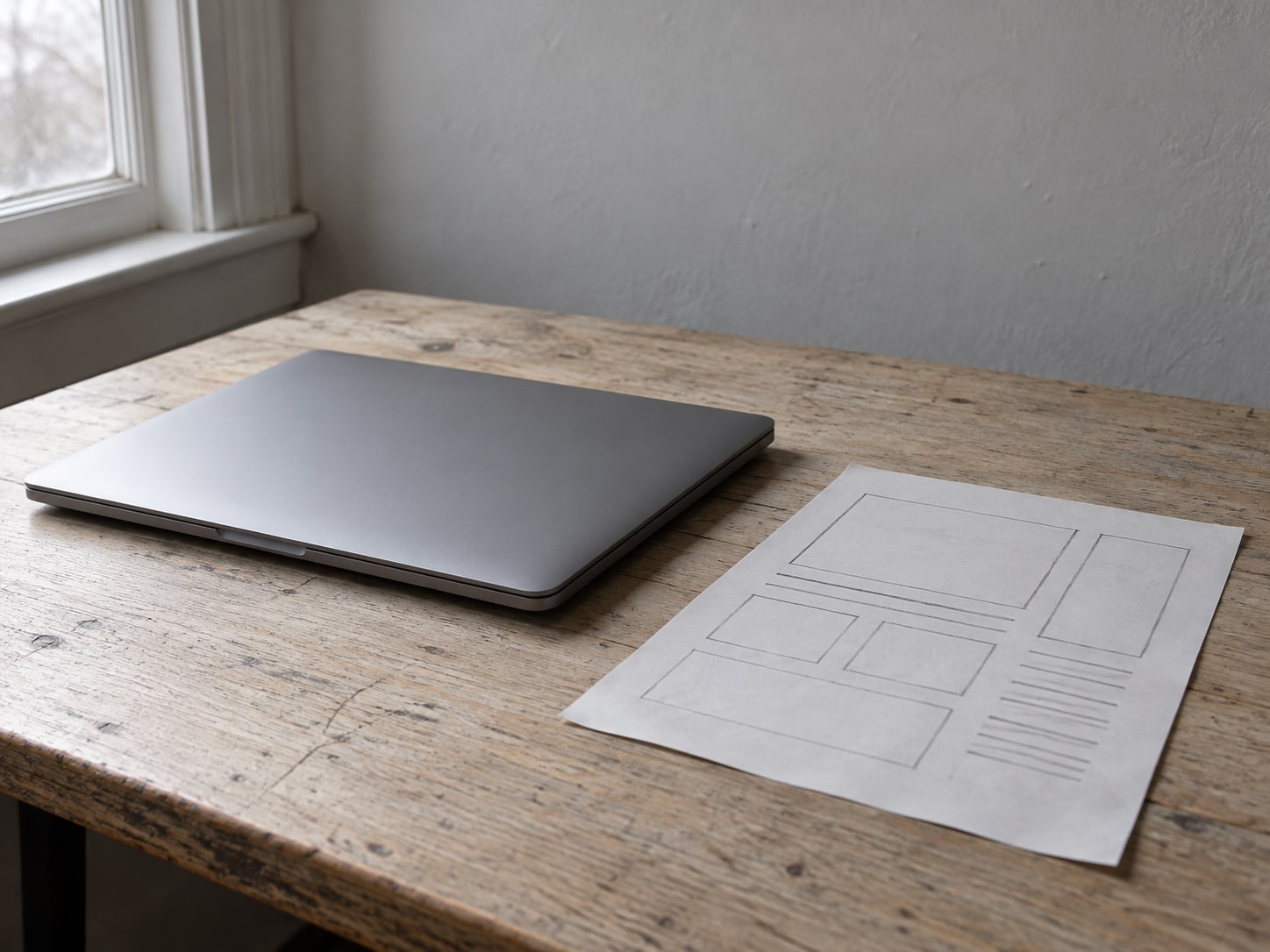 A closed laptop beside a sheet of paper with a rough pencil sketch of a page layout on a light wooden desk.