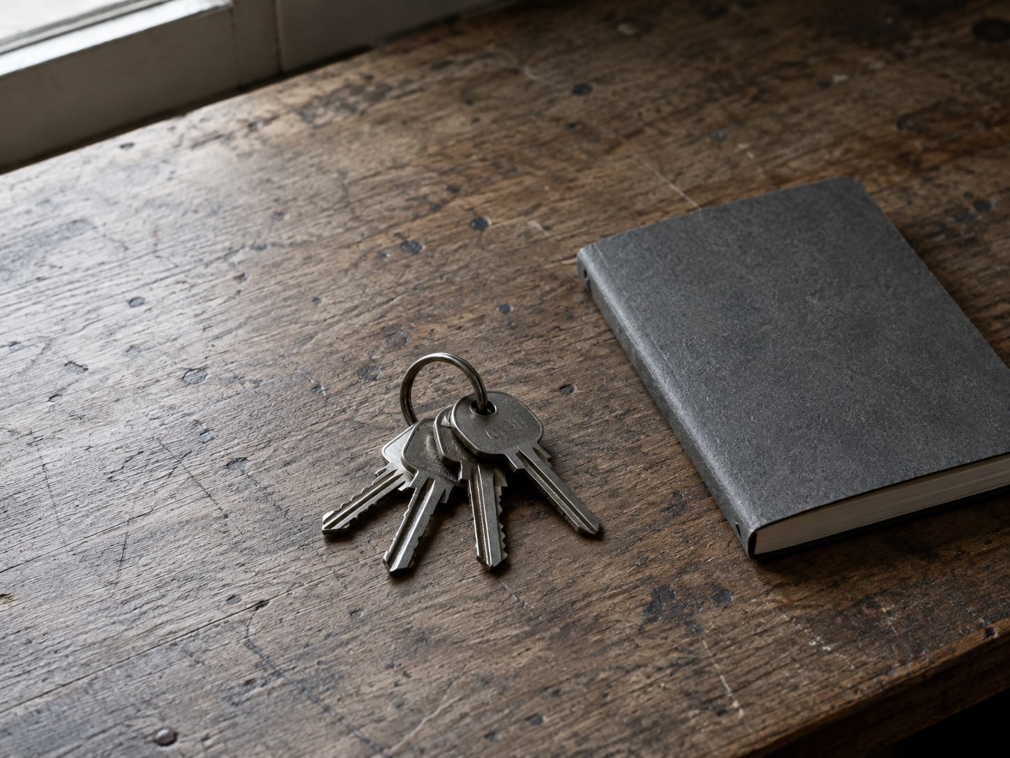 A ring of keys resting on a worn wooden desk next to a small closed notebook.