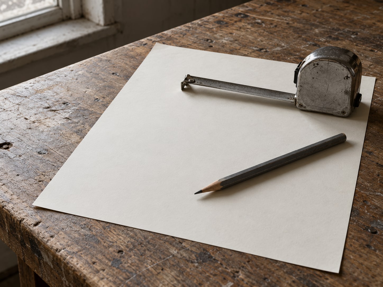 A tape measure and a pencil lying on a blank sheet of paper on a worn wooden desk.