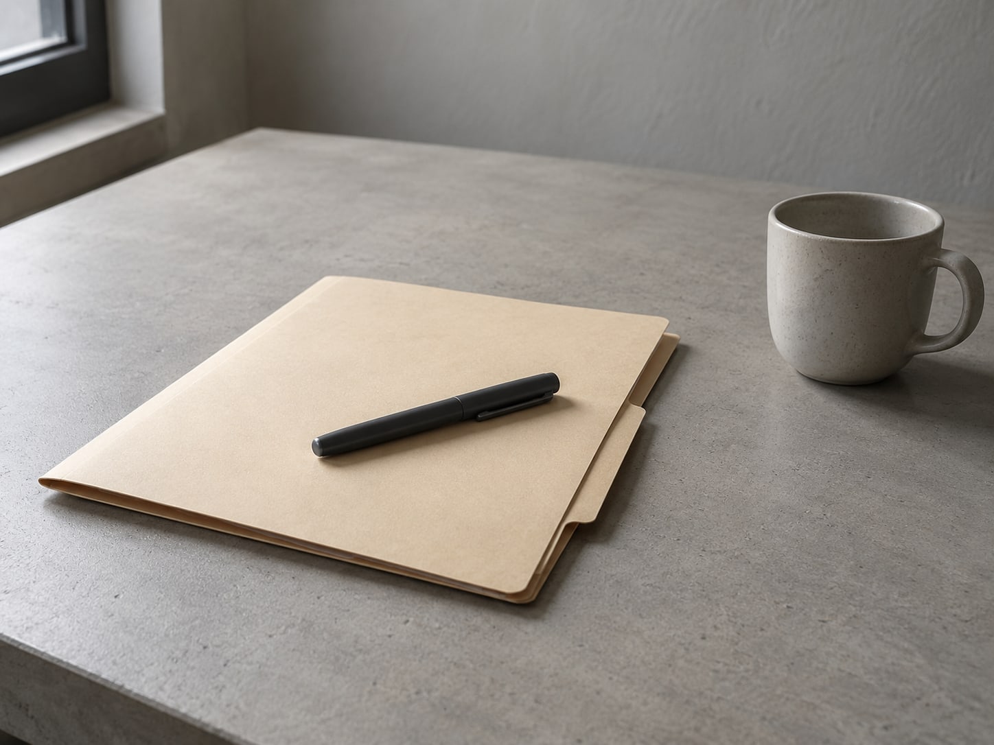 A closed manila folder with a capped pen resting on top, set on a plain desk beside an empty coffee cup.