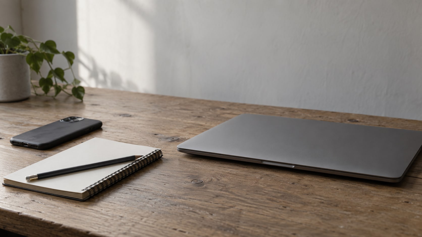 A closed laptop, a spiral notebook and a pencil resting on a wooden desk beside a phone lying face down.