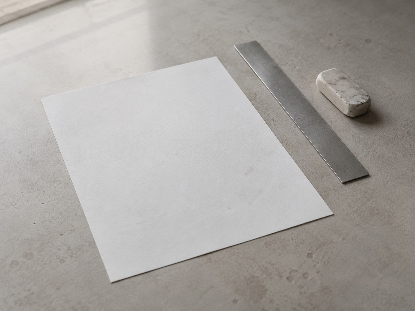 A single sheet of blank paper with faint pencil marks next to a small ruler and an eraser on a plain table.