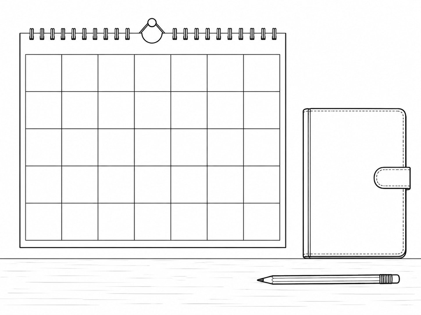 A wall calendar with a few unmarked weeks beside a closed appointment book and a pencil on a worktable.